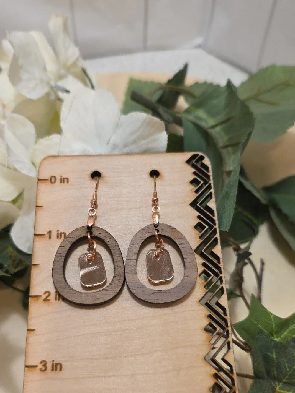 Wood and Rose Gold Dangle Earrings - Rose Gold Accents